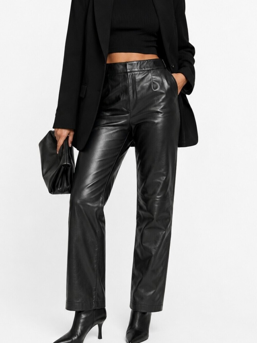 Vintage 90s Jacqueline Ferrar 100% Leather Black Flat Front Straight Leg Pant